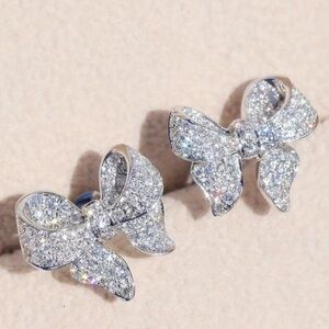 Silver & Rhinestone Bow Stud Earrings